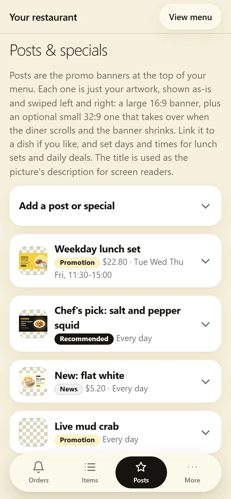 The owner's Posts and specials screen on a phone, with the Add a post or special button and the current posts.
